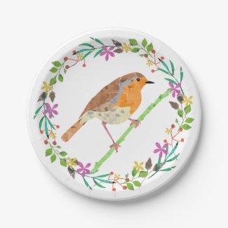 Spring flowers and robin bird paper plate