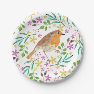 Spring flowers and robin bird paper plate