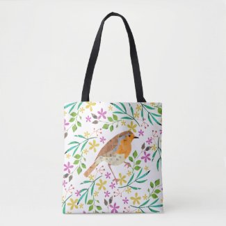 Spring flowers and robin bird tote bag
