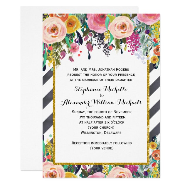 Spring Flowers And Stripes Wedding Invitation