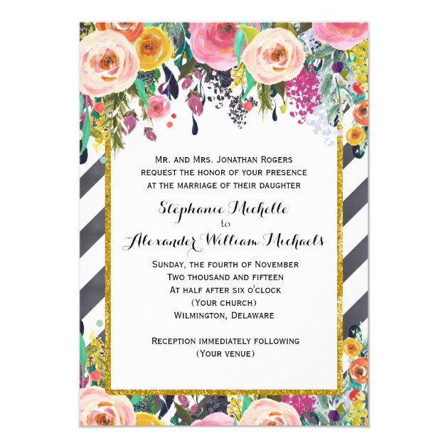 Spring Flowers And Stripes Wedding Invitation