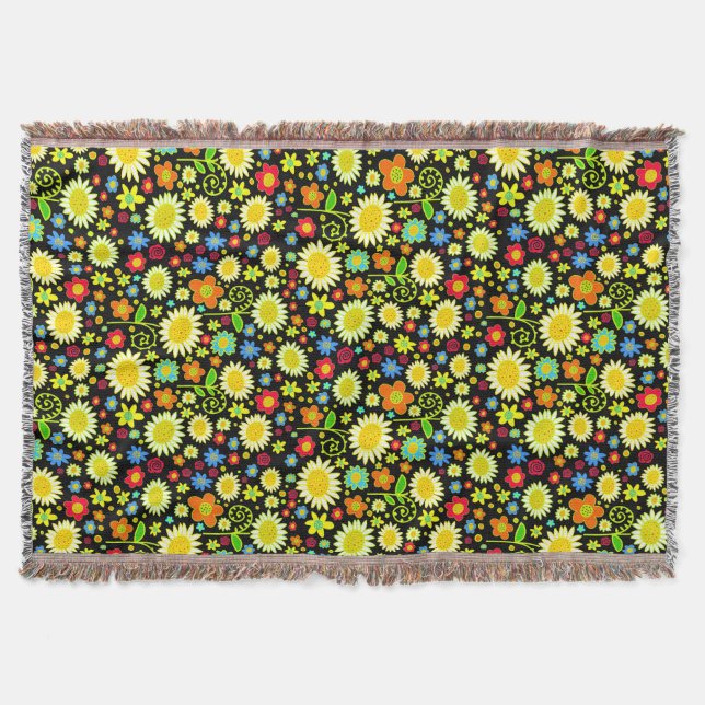 Spring Flowers - Black Throw Blanket (Front)