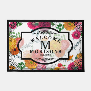 Spring Flowers & Black Vintage Floral Frame Doormat