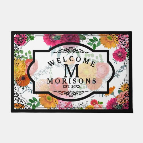 Spring Flowers  Black Vintage Floral Frame Doormat