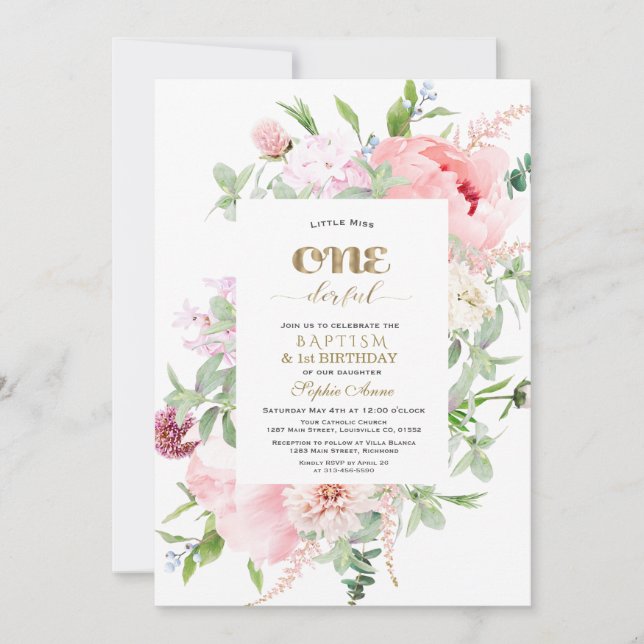 Spring Flowers Bloom First Birthday & Baptism Invitation (Front)