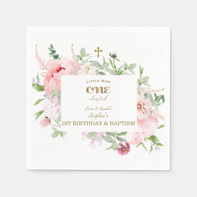 Spring Flowers Bloom First Birthday & Baptism Napkins (Front)