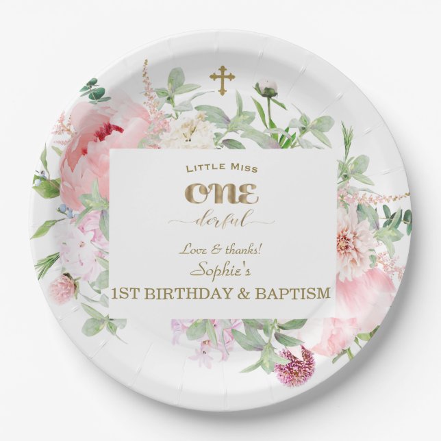 Spring Flowers Bloom First Birthday & Baptism Paper Plates (Front)