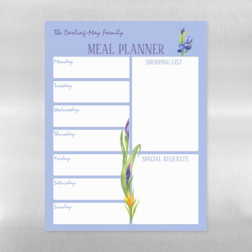 Spring Flowers _ Blue Meal Planner  Shopping List Magnetic Dry Erase Sheet