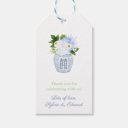 Spring Flowers Blue White Greek Key Baby Shower Gift Tags - Blue and white ginger jar vase filled with blue white and green flowers with a "Greek Key" pattern backer. On the reverse, you can change the contrast color (shown here as a dark blue) to any color you like by entering the design tool (underneath the text customization area, click to "customize further") then changing the background color on the reverse.
