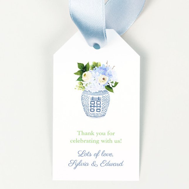 Spring Flowers Blue White Greek Key Baby Shower Gift Tags (Blue and white ginger jar with neutral florals wedding or baby shower party favor tags design)