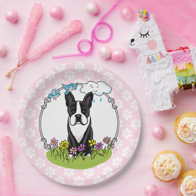Spring Flowers Boston Terrier Dog (black) Cute Paper Plates (Party)