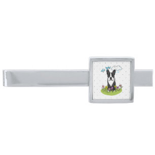 Spring Flowers Boston Terrier Dog (black) Cute Silver Finish Tie Bar