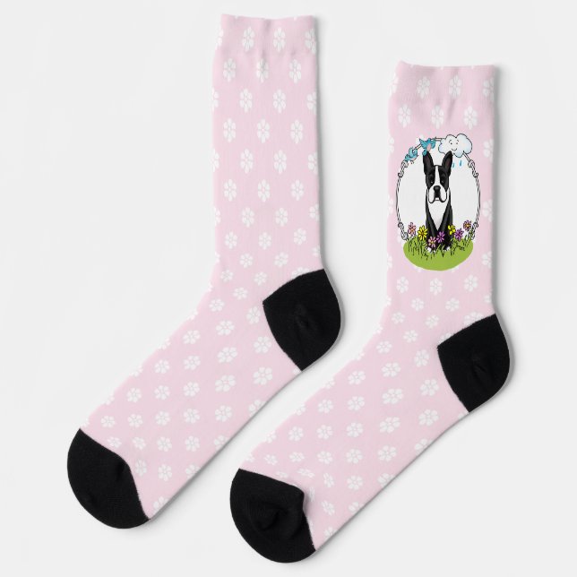 Spring Flowers Boston Terrier Dog (black) Cute Socks (Left)