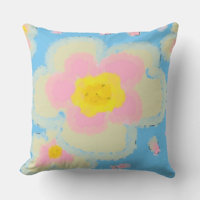 Spring Flowers Bright Blue and Pink Throw Pillow (Front)