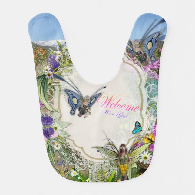 Spring Flowers & Butterfly Fairies Baby Bib (Front)