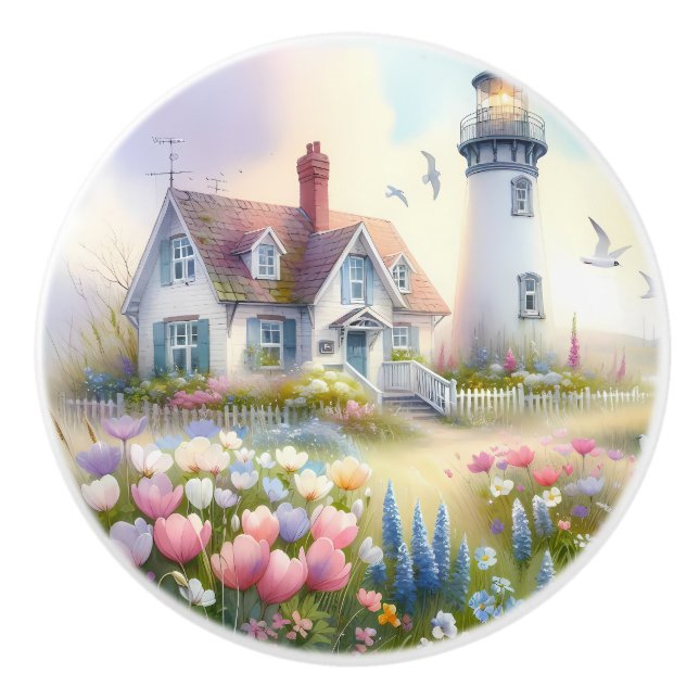 Spring Flowers by Lighthouse Coastal Cottage Ceramic Knob (Front)