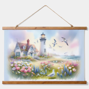 Spring Flowers by Lighthouse Coastal Cottage Hanging Tapestry