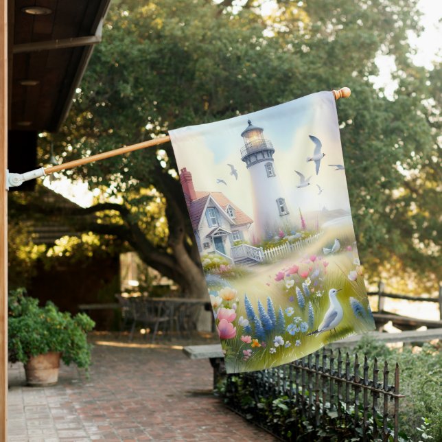 Spring Flowers by Lighthouse Coastal Cottage House Flag (In SItu)