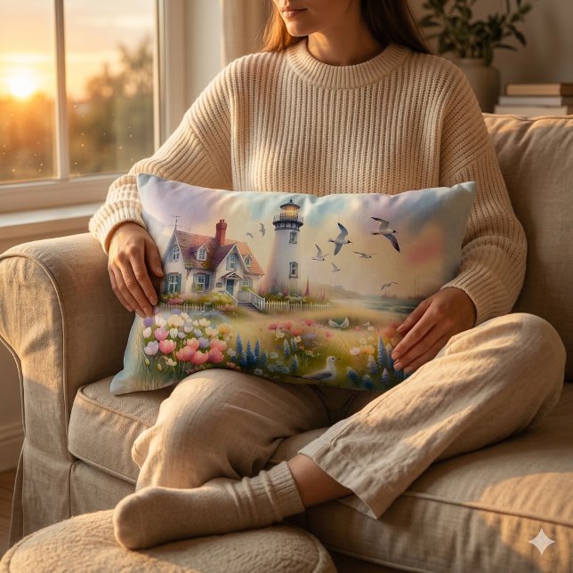 Spring Flowers by Lighthouse Coastal Cottage Lumbar Pillow (Woman Holding Spring Flowers by Lighthouse Coastal Cottage Lumbar Pillow)