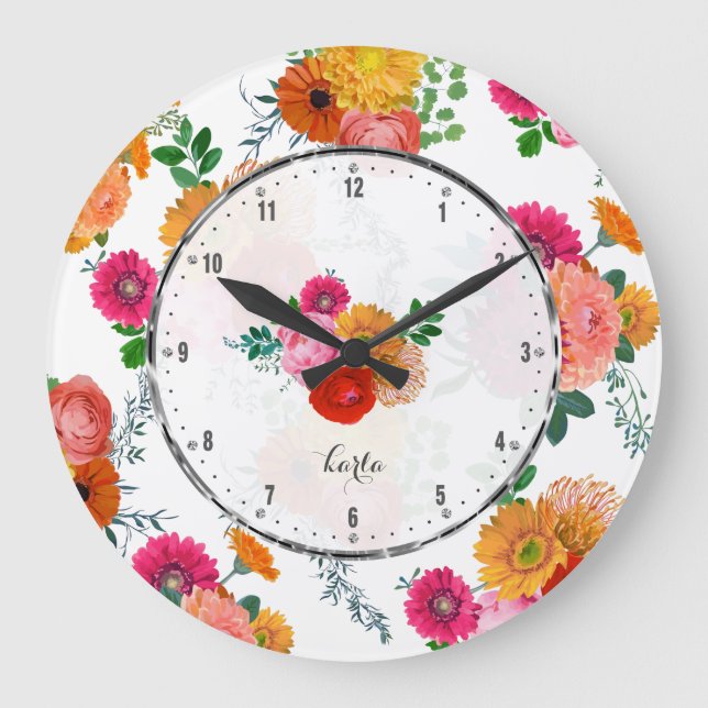 Spring Flowers Colorful Hand painted Illustration Large Clock (Front)