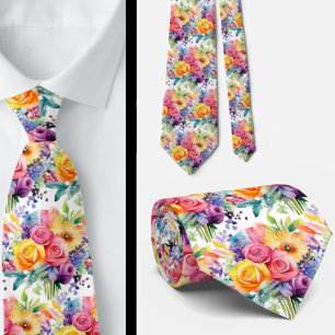 Spring Flowers Colorful Rainbow Watercolor Floral Neck Tie