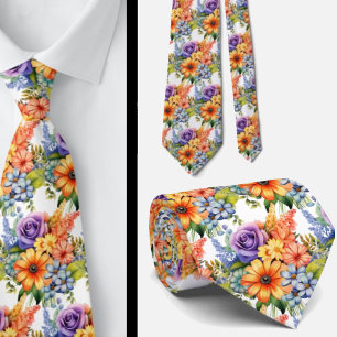 Spring Flowers Colorful Rainbow Watercolor Floral Neck Tie