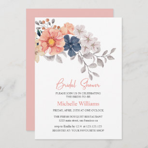 Spring Flowers Coral Navy Bridal Shower Invitation