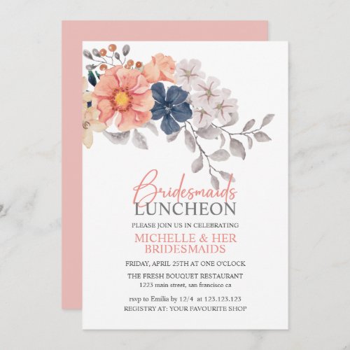 Spring Flowers Coral Navy Bridesmaids Luncheon Inv Invitation