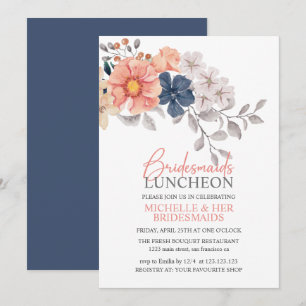 Spring Flowers Coral Navy Bridesmaids Luncheon Inv Invitation