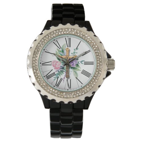 Spring Flowers  Crucifix  Roman Numerals Watch