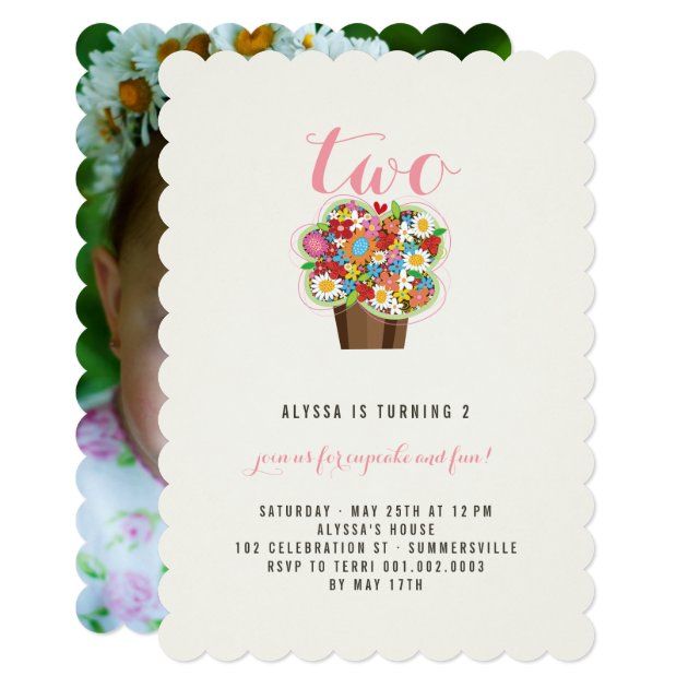 Spring Flowers Cupcake 2nd Birthday Party Invite