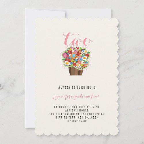 Spring Flowers Cupcake 2nd Birthday Party Invite