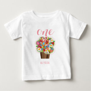 Spring Flowers Cupcake Girl 1st Birthday Party Baby T-Shirt
