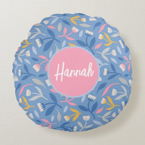 Spring Flowers Cusstom Pink  Blue Personalized Round Pillow