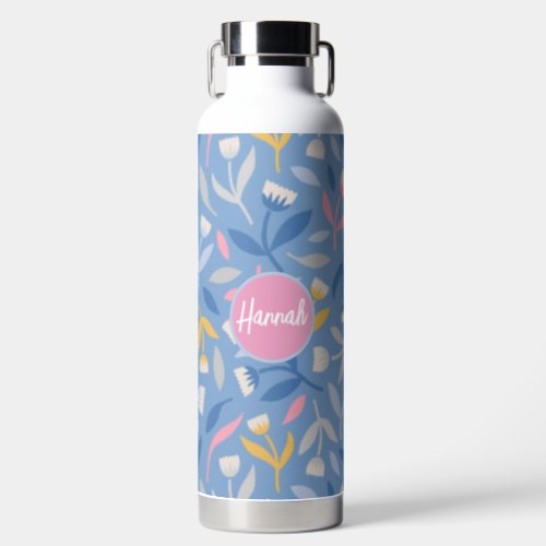 Spring Flowers Custom Blue  Pink Personalized Water Bottle