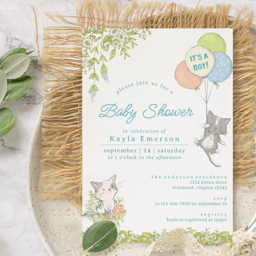 Spring Flowers | Cute Kittens Boy Baby Shower Invitation