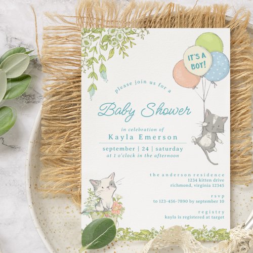 Spring Flowers  Cute Kittens Boy Baby Shower Invitation