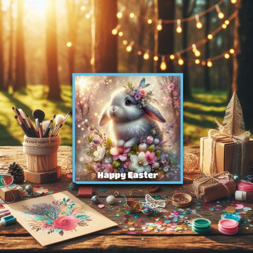 Spring Flowers Cute Whimsical Bunny Easter Holiday Card