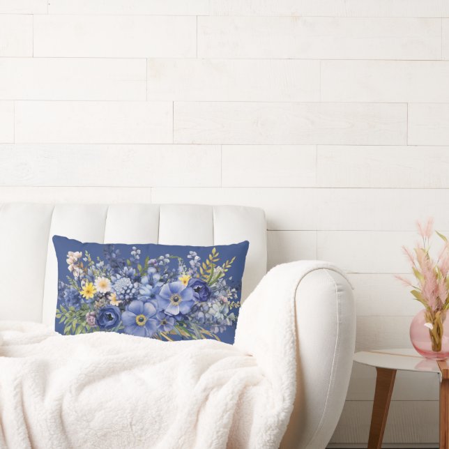 Spring flowers, dark blue background, lumbar pillow (Couch)
