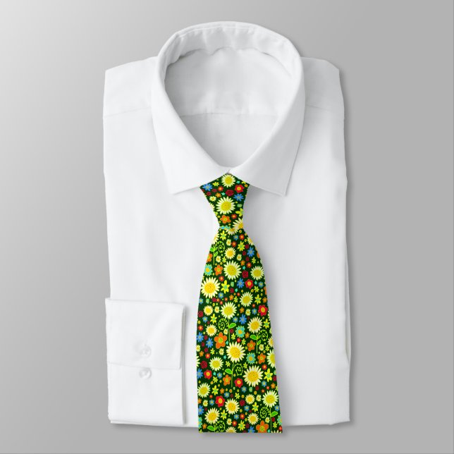 Spring Flowers - Dark Green Neck Tie (Tied)