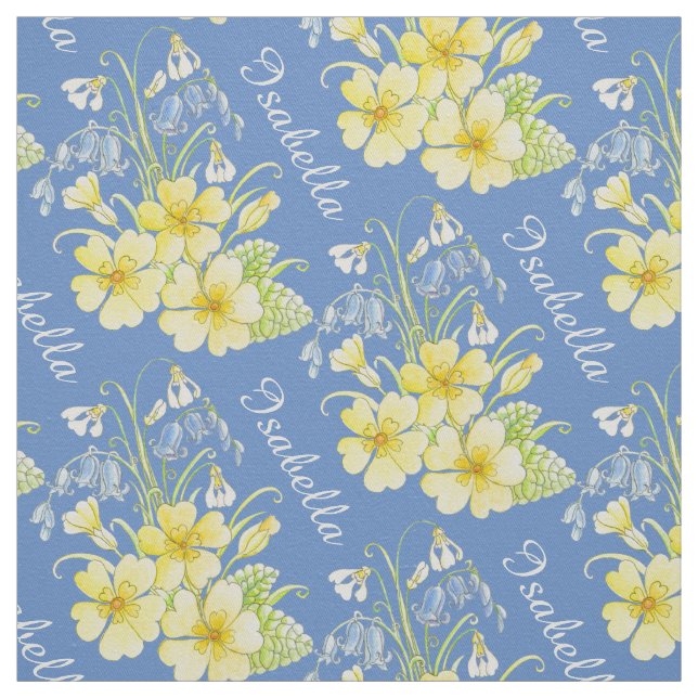 Spring flowers drawing and name yellow blue fabric (Swatch)