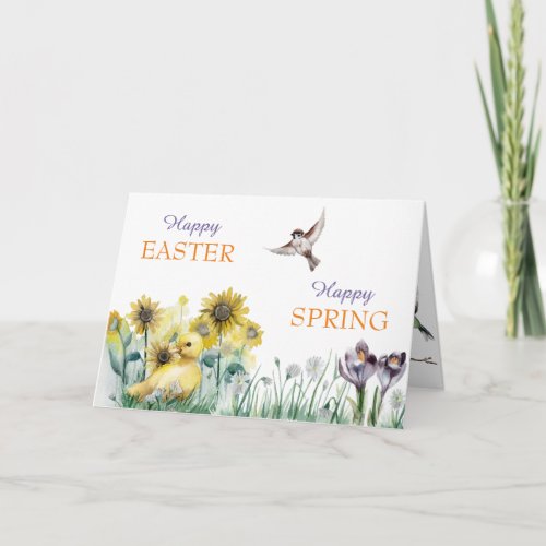 Spring Flowers Duckling and Bird Easter Card