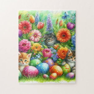 Spring Flowers Easter Eggs and Kittens in Garden  Jigsaw Puzzle