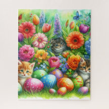 Spring Flowers Easter Eggs and Kittens in Garden