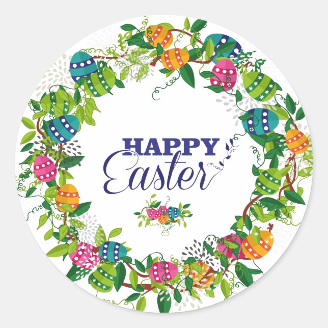 Spring Flowers & Easter Eggs Colorful Wreath Classic Round Sticker (Front)