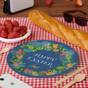Spring Flowers & Easter Eggs Colorful Wreath Paper Plates
