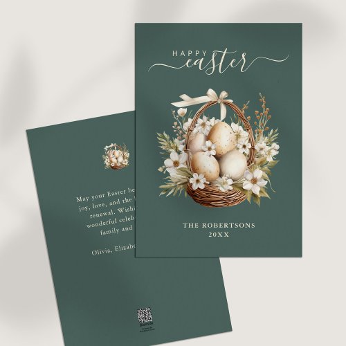 Spring Flowers Eggs Sage Green Happy Easter Holiday Card