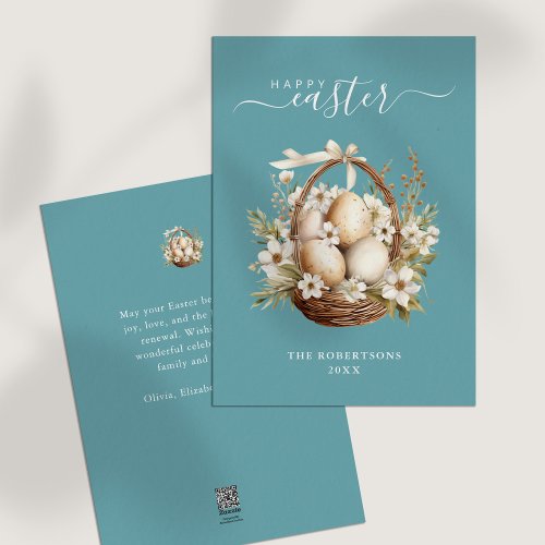 Spring Flowers Eggs Teal Happy Easter Greeting Holiday Card