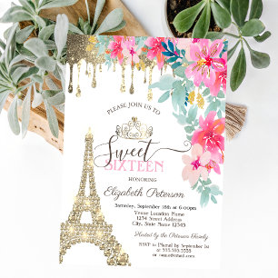Spring Flowers Eiffel Tower Gold Drips Sweet 16 Invitation
