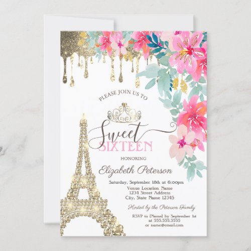 Spring Flowers Eiffel Tower Gold Drips Sweet 16 Invitation